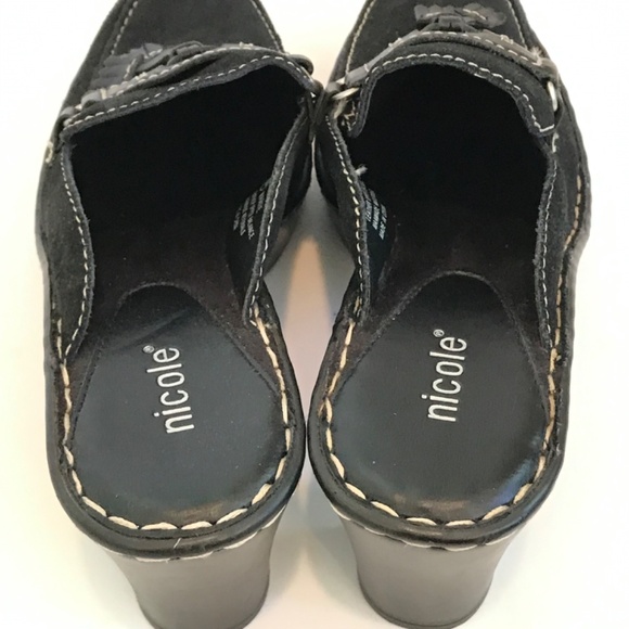 NICOLE Platform Mule Clogs Leather Black Slip On Heeled Clogs Markie Size 8 - Picture 8 of 16